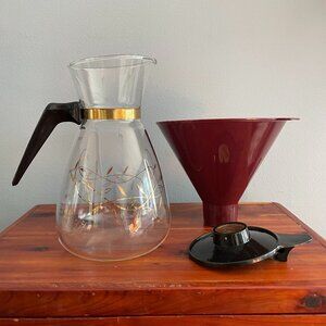 Vintage Tricolette Flameproof 4 Cup Glass Coffee Carafe Gold Accents Funnel